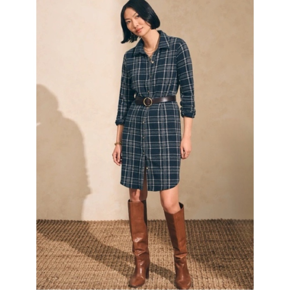 Faherty Navy Plaid Shirt Dress